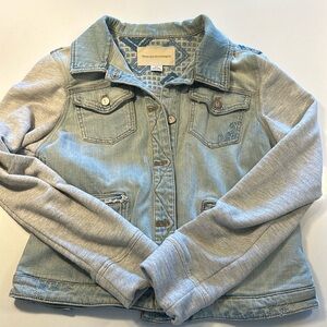 Pilcro distressed jean jacket from Anthropologie with sweatshirt sleeves